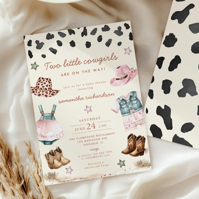 Two little twin cowgirls on the way baby shower invitation (Creator Uploaded)