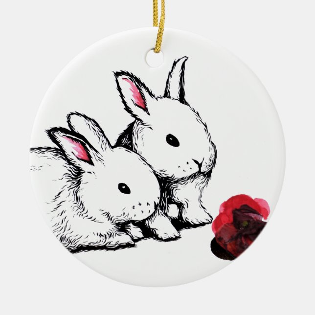 Two Little White Rabbits Ceramic Ornament (Front)