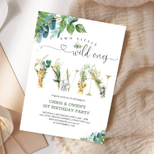 Two Little Wild Ones TWIN Floral Animals Birthday Invitation
