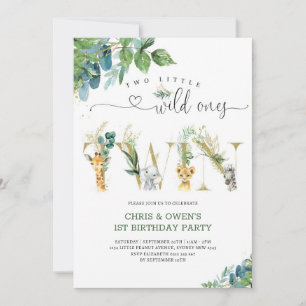 Two Little Wild Ones TWIN Floral Animals Birthday Invitation