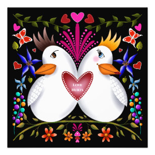 Two love birds hearts flowers Valentines Day colou Photo Print