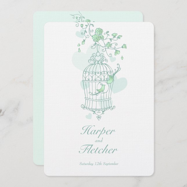Two love birds open birdcage wedding green invitation (Front/Back)