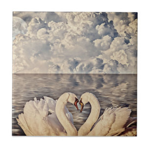 Two Love Swans Full Moon Lake Clouds Ceramic Tile