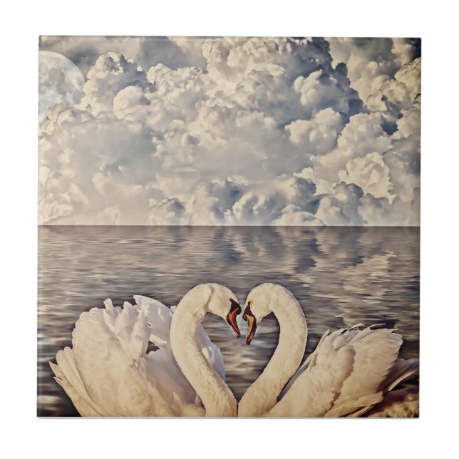 Two Love Swans Full Moon Lake Clouds  | Ceramic Tile (Front)