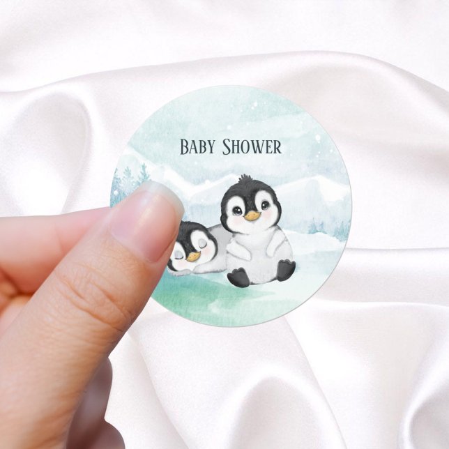 Two Lovely Penguins Baby Shower Classic Round Sticker (Creator Uploaded)
