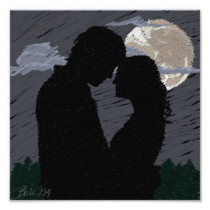 Two Loves Standing In Moonlight Romantic Sketch Photo Print