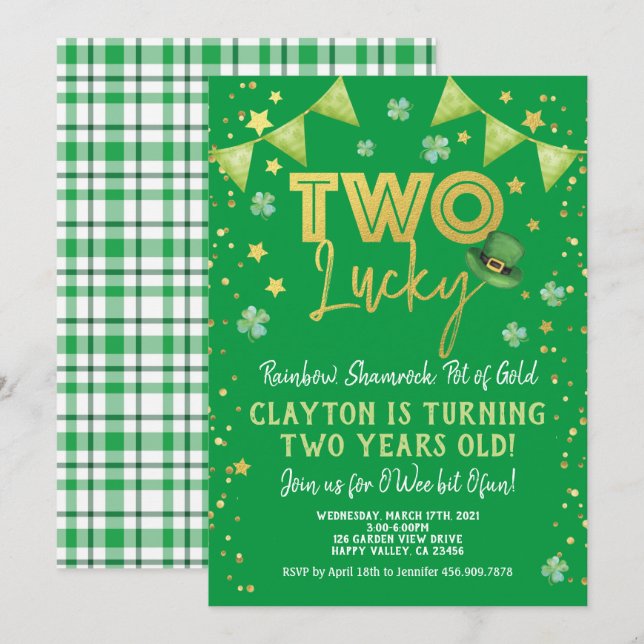 Two Lucky 2nd Birthday St Patrick's Day Party Invitation (Front/Back)