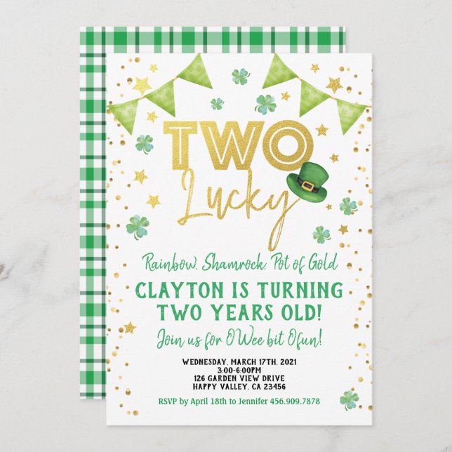 Two Lucky 2nd Birthday St Patrick's Day Party Invitation (Front/Back)