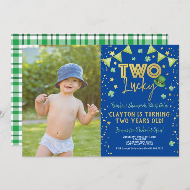 Two Lucky 2nd Birthday St Patrick's Day Photo Invitation (Front/Back)