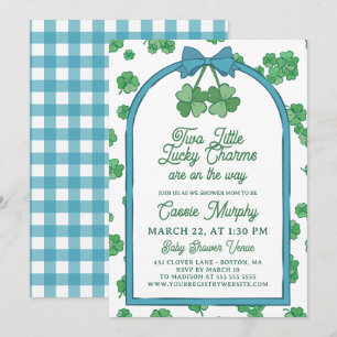 Two Lucky Charms Clovers Boy Twins Baby Shower Invitation