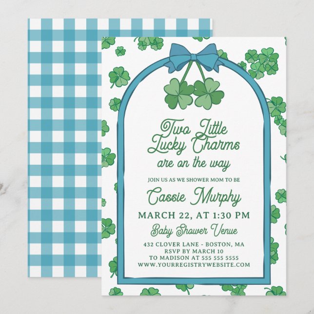 Two Lucky Charms Clovers Boy Twins Baby Shower Invitation (Front/Back)