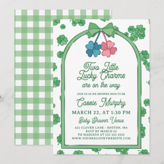 Two Lucky Charms Clovers Girl Boy Twin Baby Shower Invitation