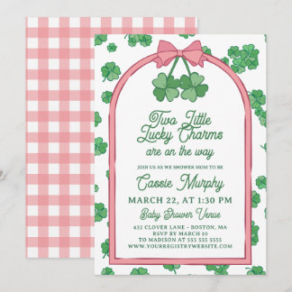 Two Lucky Charms Clovers Girl Twins Baby Shower Invitation