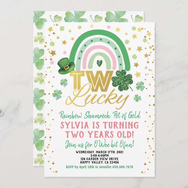 Two Lucky Girl 2nd Birthday St Patrick's Day Invitation (Front/Back)