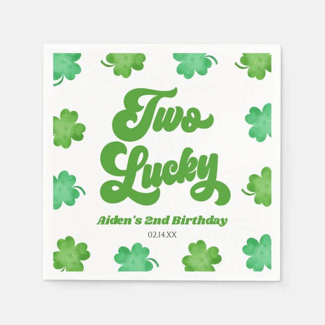 Two Lucky Green Shamrock Clover 2nd Birthday Party Napkin (Front)
