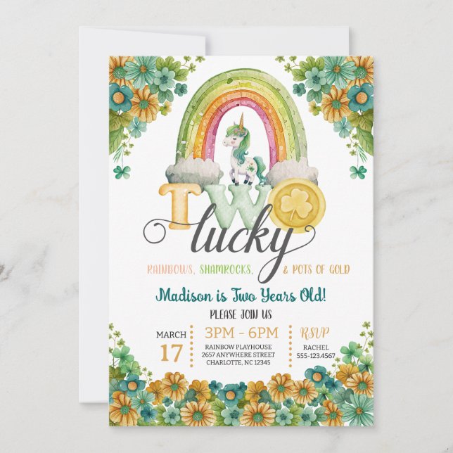 Two Lucky Rainbow Unicorn Sunflower 2nd Birthday Invitation (Front)