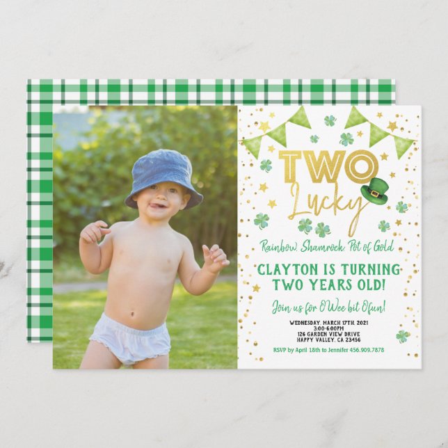 Two Lucky Second Birthday St Patrick's Day Photo Invitation (Front/Back)