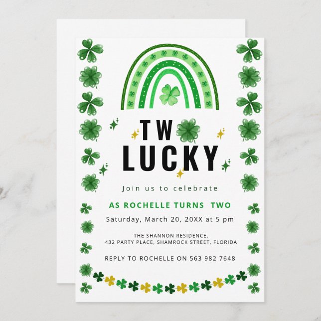 Two Lucky Shamrock Birthday Party Invitation (Front/Back)