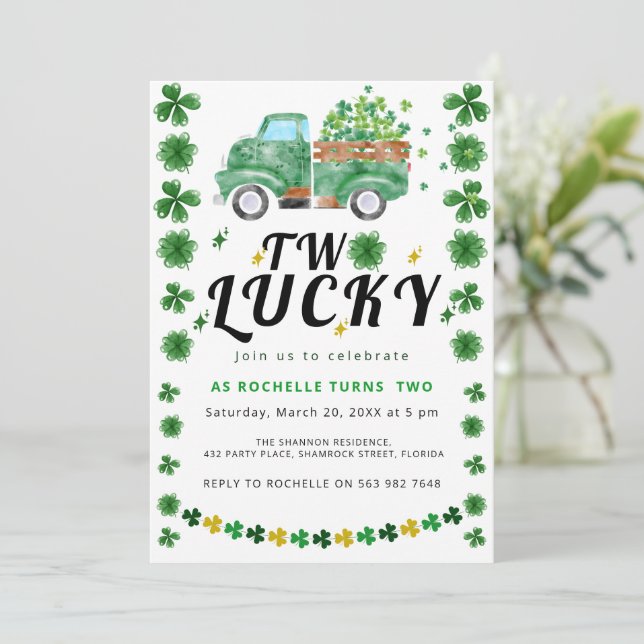 Two Lucky Shamrock Birthday Party Invitation (Standing Front)