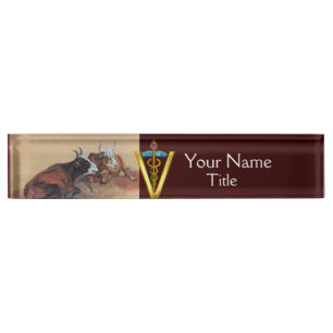 TWO LYING COWS GOLD CADUCEUS VETERINARY SYMBOL NAMEPLATE