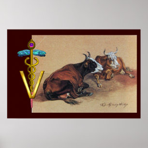 TWO LYING COWS GOLD CADUCEUS VETERINARY SYMBOL POSTER