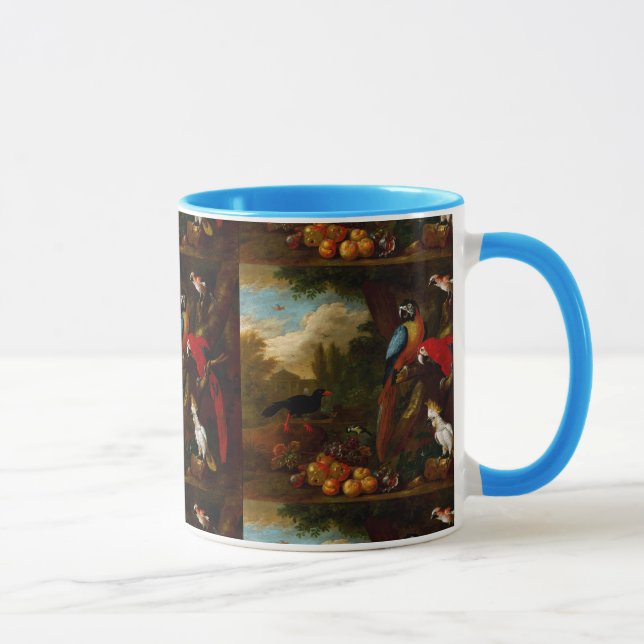 Two Macaws a Cockatoo and a Jay with Fruit Mug (Right)