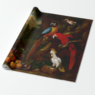 Two Macaws a Cockatoo and a Jay with Fruit Wrapping Paper