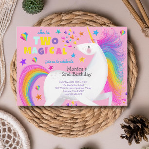 Two magical rainbow candy unicorn second birthday invitation