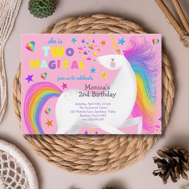 Two magical rainbow candy unicorn second birthday invitation (Creator Uploaded)