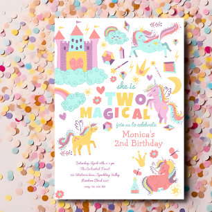 Two magical rainbow pastel unicorn second birthday invitation