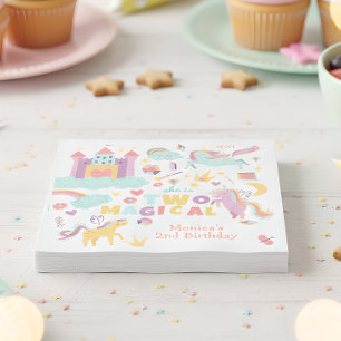Two magical rainbow pastel unicorn second birthday napkin