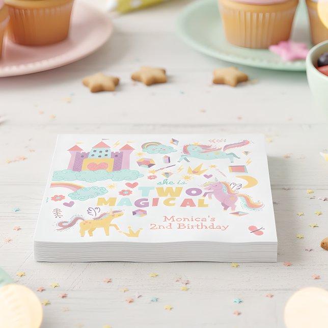 Two magical rainbow pastel unicorn second birthday napkin (Creator Uploaded)