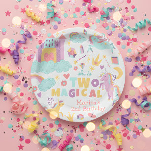 Two magical rainbow pastel unicorn second birthday paper plate