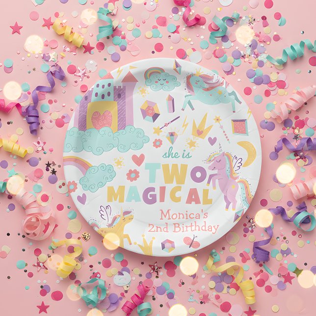 Two magical rainbow pastel unicorn second birthday paper plate (Creator Uploaded)