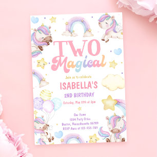 Two Magical Rainbow Unicorn 2nd Birthday Party Invitation