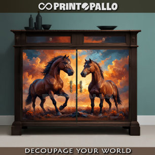 Two majestic horses in the light of the sunset. tissue paper