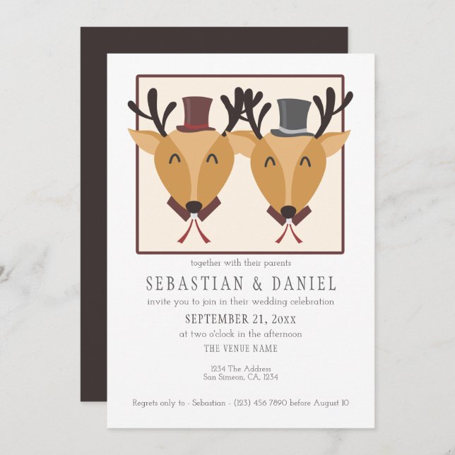 Two Male Deer In Top Hats Gay Wedding Invitation (Front/Back)