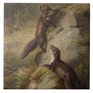 Two Martens Playfully Fighting in the Woods Ceramic Tile
