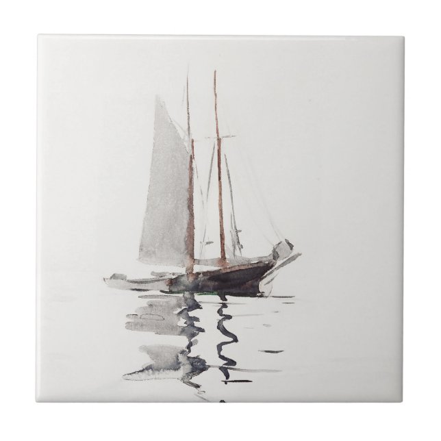 Two-masted Schooner with Dory by Winslow Homer Ceramic Tile (Front)