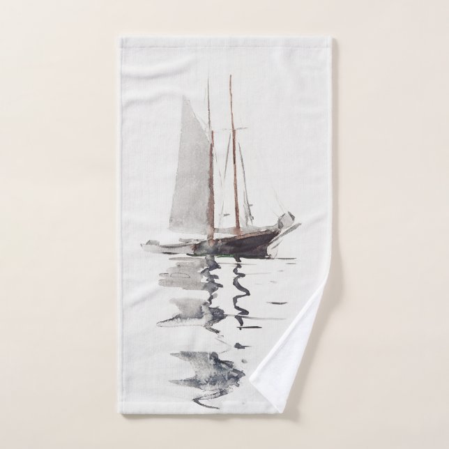 Two-masted Schooner with Dory by Winslow Homer Hand Towel (Hand Towel)