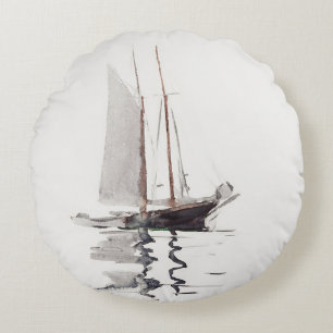 Two-masted Schooner with Dory by Winslow Homer Round Cushion