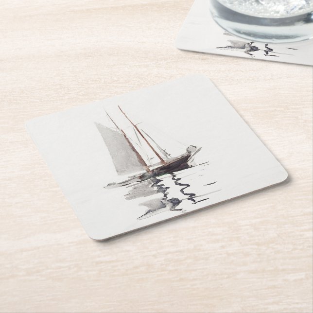 Two-masted Schooner with Dory by Winslow Homer Square Paper Coaster (Angled)
