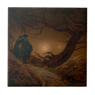 Two Men Contemplating the Moon at Night Ceramic Tile