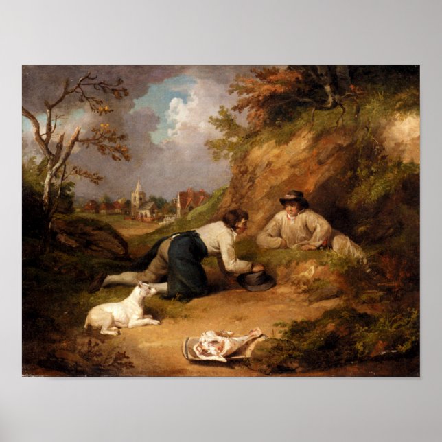 Two Men Hunting Rabbits With Their Dog Poster (Front)