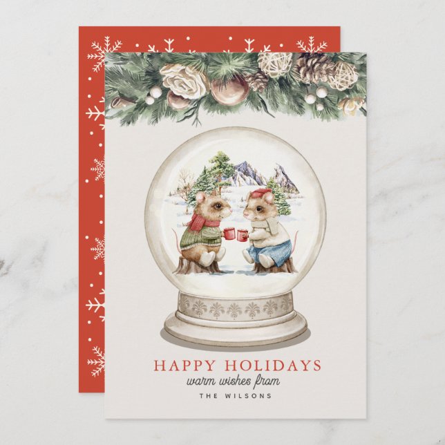 Two Mice Hot Choclate Mountains Snow Grobe Holiday Card (Front/Back)