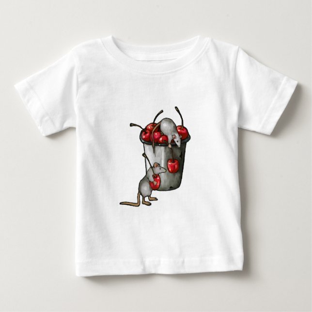 Two MICE Stealing Cherries, Bucket of Cherries Art Baby T-Shirt (Front)