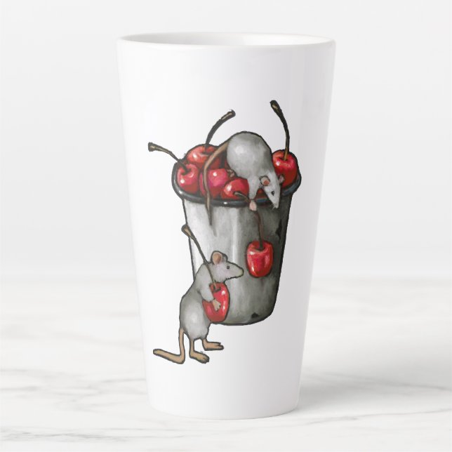 Two MICE Stealing Cherries, Bucket of Cherries Art Latte Mug (Front)