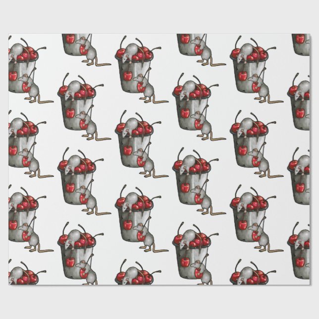 Two MICE Stealing Cherries, Bucket of Cherries Art Wrapping Paper (Flat)