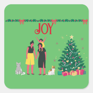  TWO MOMS AND DAUGHTER MERRY CHRISTMAS  SQUARE STICKER