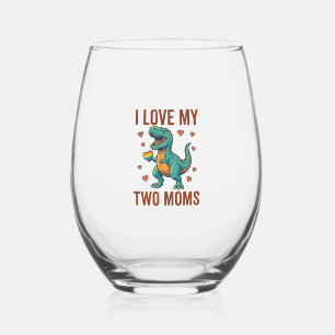 Two Moms Pride Dinosaur Vector T-Shirt Design_1 Stemless Wine Glass